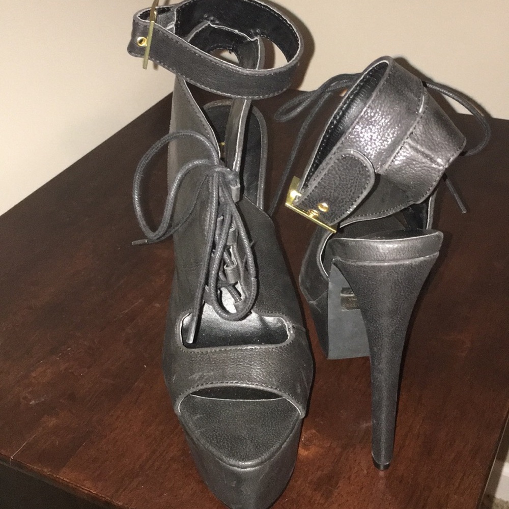 Black open toe tie up heels
